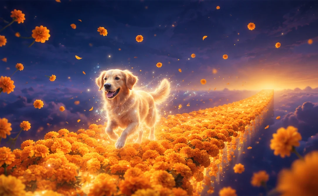 AI-generated example scene: a golden retriever running along a glowing path of marigold flowers under a starry night sky