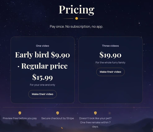 The WithYouAgain Pricing page: one video at the early-bird price of $9.90 (regular $15.99), three videos for $19.90, with "Preview free before you pay", "Secure checkout by Stripe", and "One free remake within 7 days"