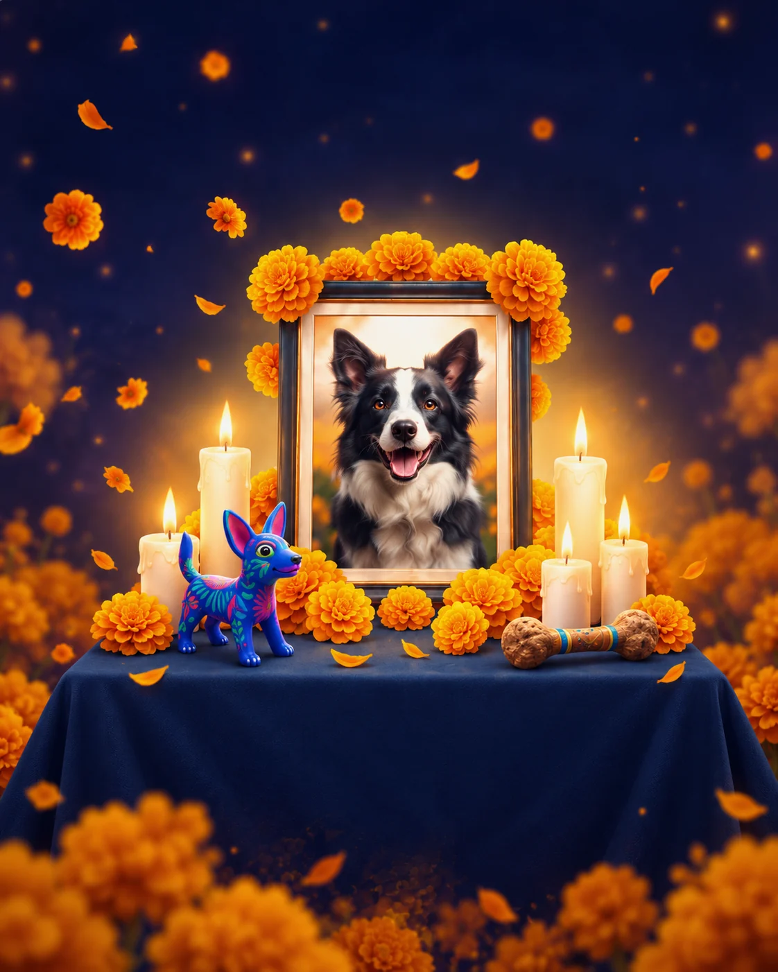 Illustration of a pet ofrenda: a framed portrait of a black-and-white Border Collie surrounded by marigolds and lit candles, with a colorful alebrije dog figure and a dog-bone treat on a dark blue altar cloth